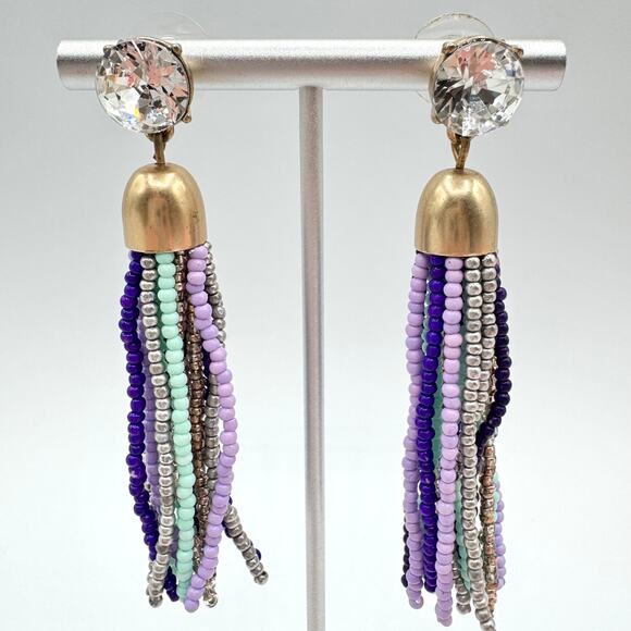 J.Crew Crystal Beaded Tassel Earrings Blue Teal Gray Lavender Flirty Fun Signed - Picture 3 of 8